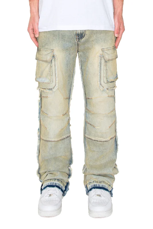 Stretch trousers Men's Bootcut Raw Edge Double Cargo Denim Jeans