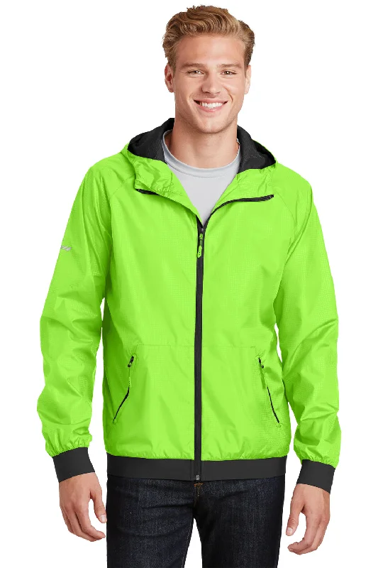 Comfy-wear Sport-Tek Mens Wind & Water Resistant Full Zip Hooded Jacket - Lime Shock Green/Black - Closeout