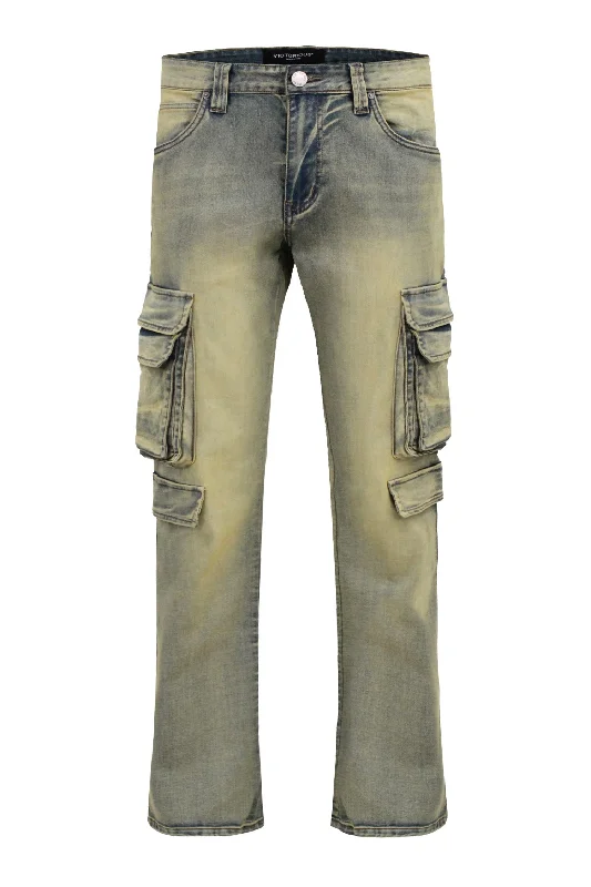 High-waisted Men's Bootcut Utility Cargo Denim Jeans