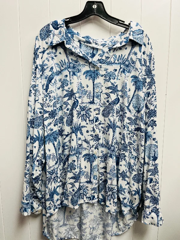 Stretch long sleeve Top Long Sleeve By Jane And Delancey In Blue & White, Size: 3x