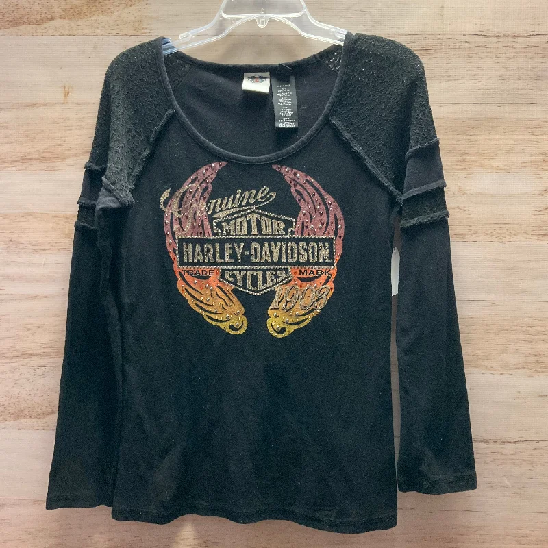 Printed long sleeve Top Long Sleeve By Harley Davidson In Black & Cream, Size: L