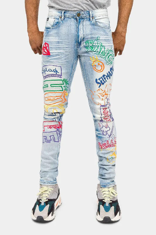 Patterned pants Graffiti Faded Washed Denim Jeans