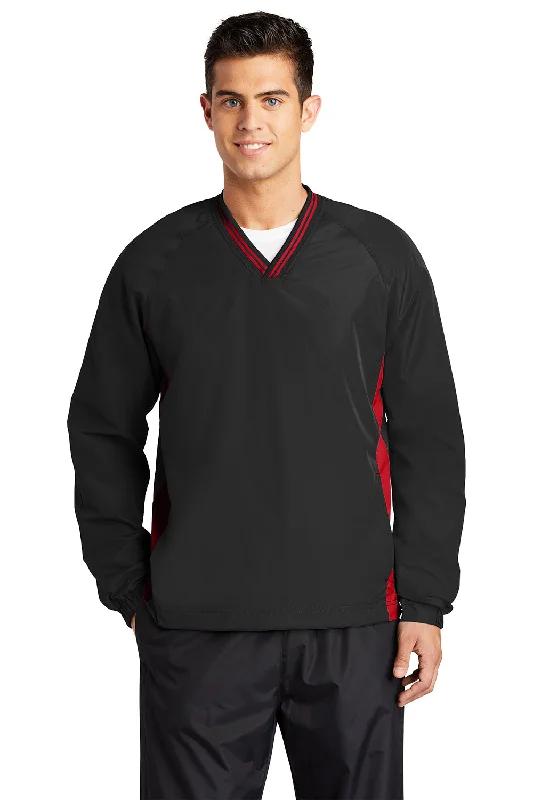 Elevated Sport-Tek Mens Water Resistant V-Neck Jacket - Black/True Red