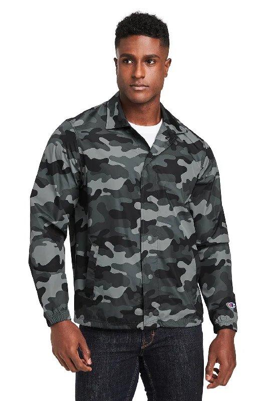 Heavy-duty Champion Mens Wind & Water Resistant Snap Down Coach's Jacket - Concrete Grey Camo - Closeout