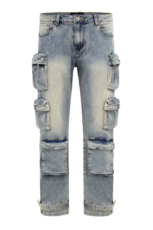 Button-front pants Men's Baggy Fit Multi Pocket Cargo Denim Jeans