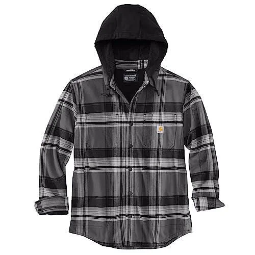 Designer Rugged flex® relaxed fit flannel fleece lined hooded shirt jacket - Black /Shadow