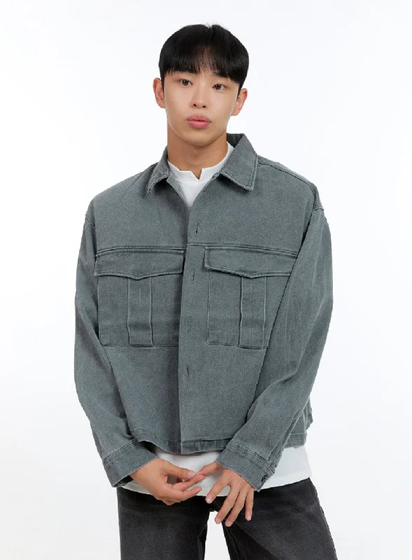 Lightweight-fit Men's Washed Crop Pocketed Cotton Jacket IG422