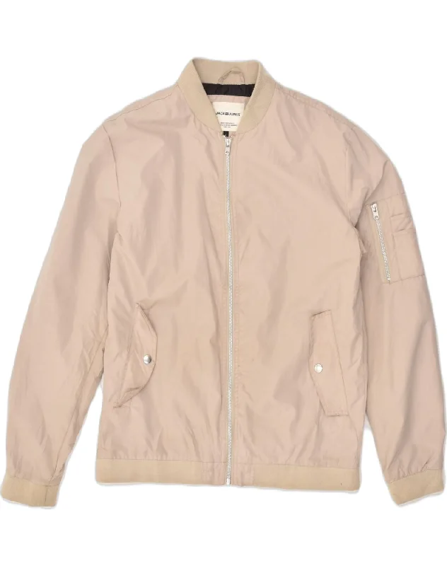 Retro-cool JACK & JONES Mens Bomber Jacket UK 40 Large Beige Cotton