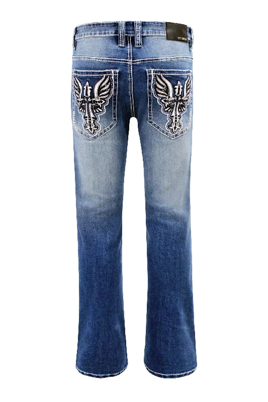 Casual style Men's Bootcut Cross Embroidery Denim Jeans