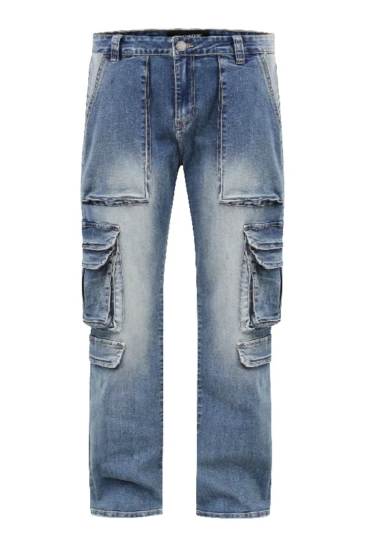 Wide-leg Men's Multi Cargo Pockets Denim Jeans