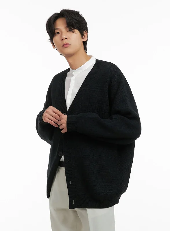 Performance-ready Men's Oversized Buttoned Cardigan (Black) IY402