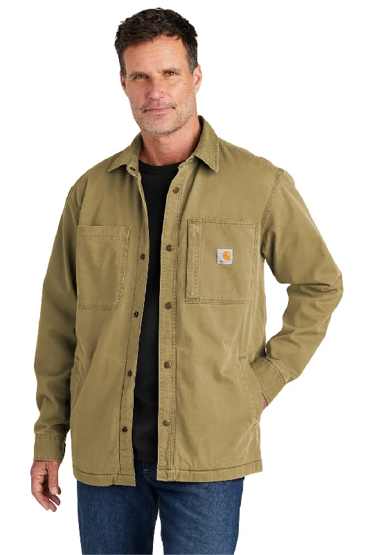 Lightweight-fit Carhartt Mens Rugged Flex Fleece Lined Button Down Shirt Jacket - Dark Khaki Brown