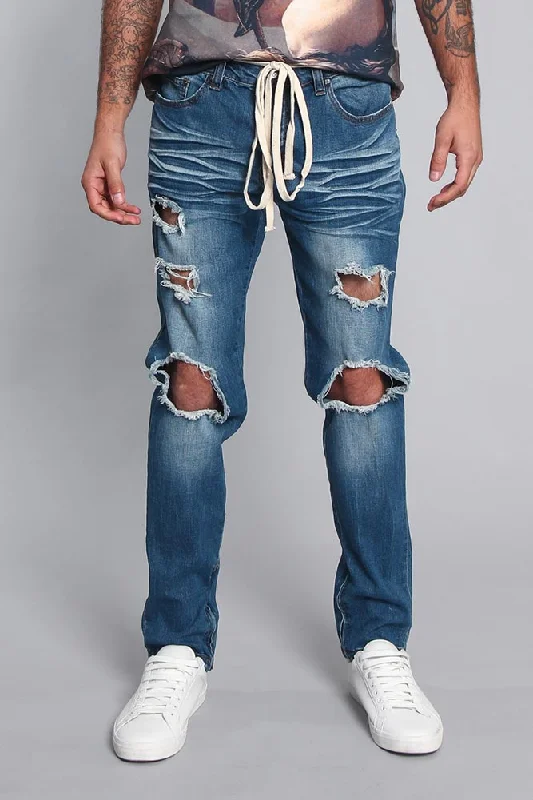 High-waisted Distressed Fade Denim Jeans