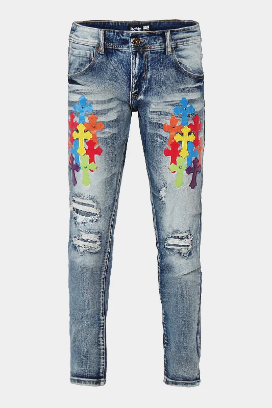 Printed trousers Ripped Jeweled Pu Cross Denim Jeans