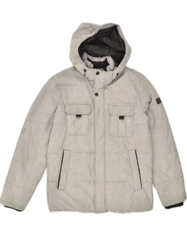 Trendy JACK & JONES Mens Hooded Padded Jacket UK 40 Large Grey Polyester