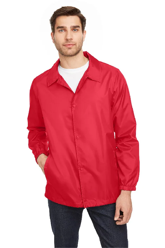 Eco-conscious Team 365 Mens Zone Protect Water Resistant Snap Down Coaches Jacket - Red