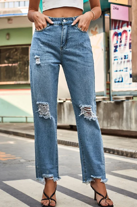 Eco-friendly pants Distressed Buttoned Loose Fit Jeans