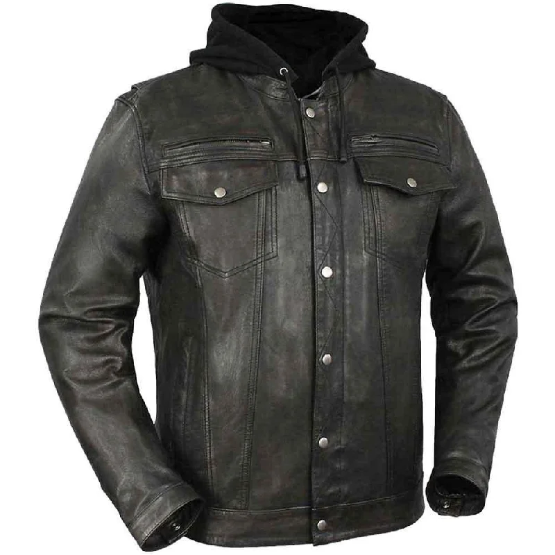 Layer-ready First Mfg Mens Vendetta Hooded Leather Motorcycle Jacket