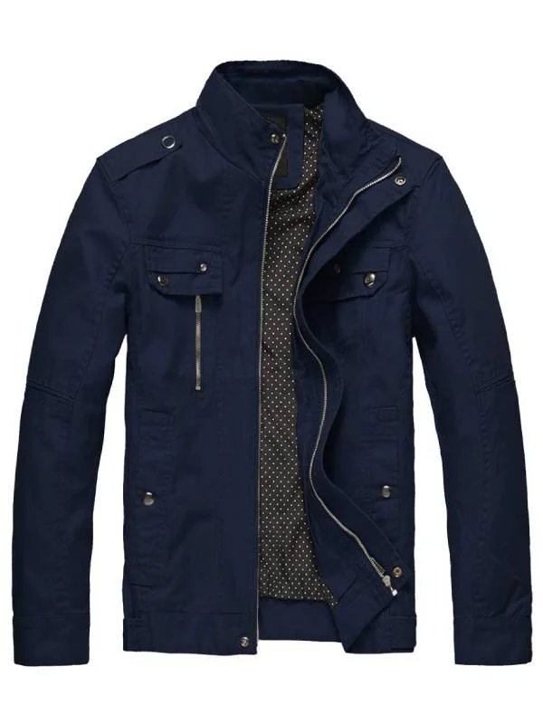 Long-line Men's Front Zip Cotton Jacket Lightweight Stand Collar