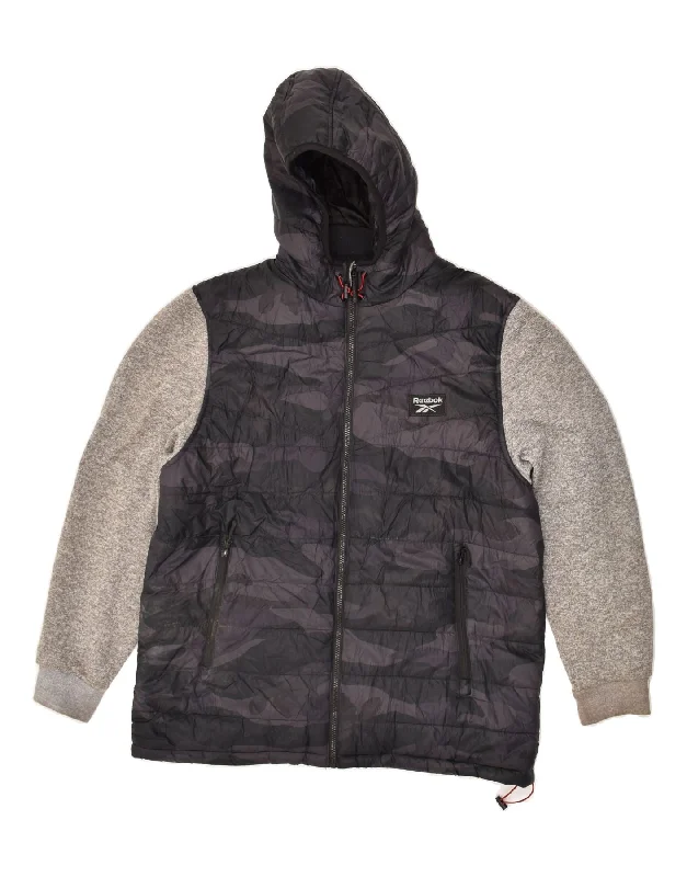 Recycled-materials REEBOK Mens Hooded Padded Jacket UK 40 Large Black Camouflage Polyester