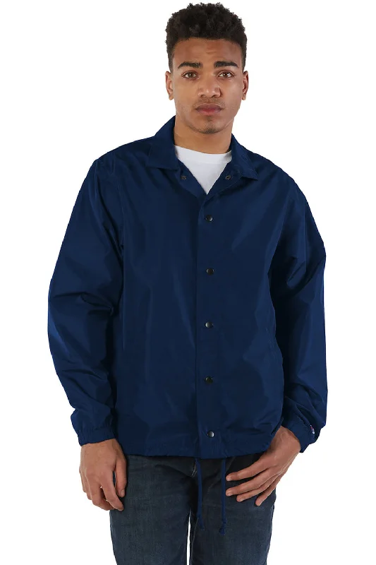 Eco-conscious Champion Mens Wind & Water Resistant Snap Down Coach's Jacket - Navy Blue