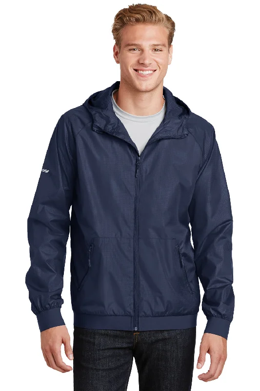 Layered Sport-Tek Mens Wind & Water Resistant Full Zip Hooded Jacket - True Navy Blue - Closeout