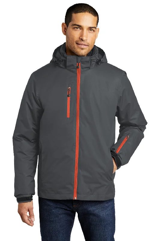 Relaxed-wear Port Authority Mens Vortex 3-in-1 Waterproof Full Zip Hooded Jacket - Magnet Grey/Orange