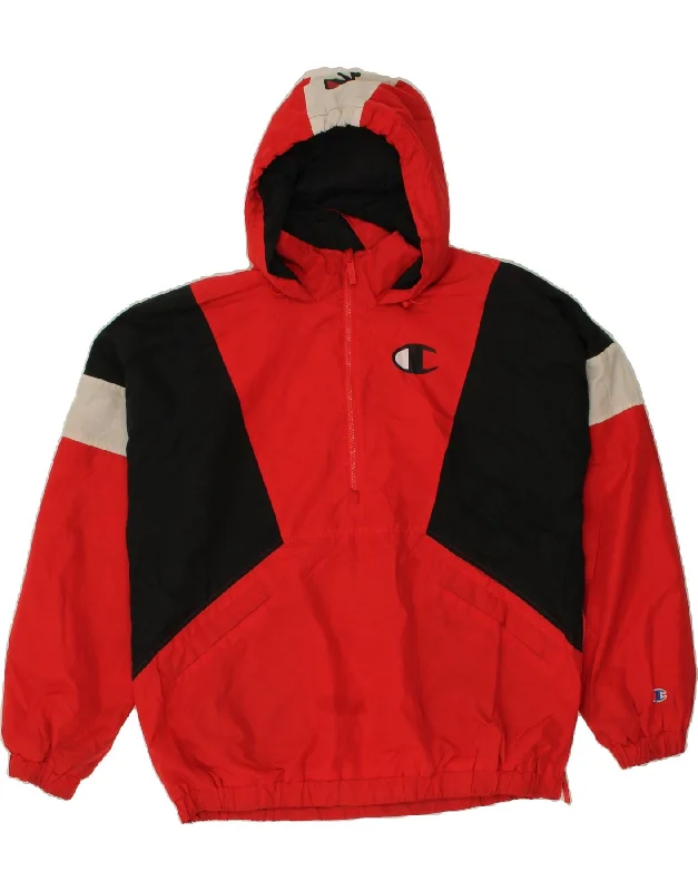 Heavy-duty CHAMPION Mens Graphic Hooded Anorak Jacket UK 40 Large Red Colourblock