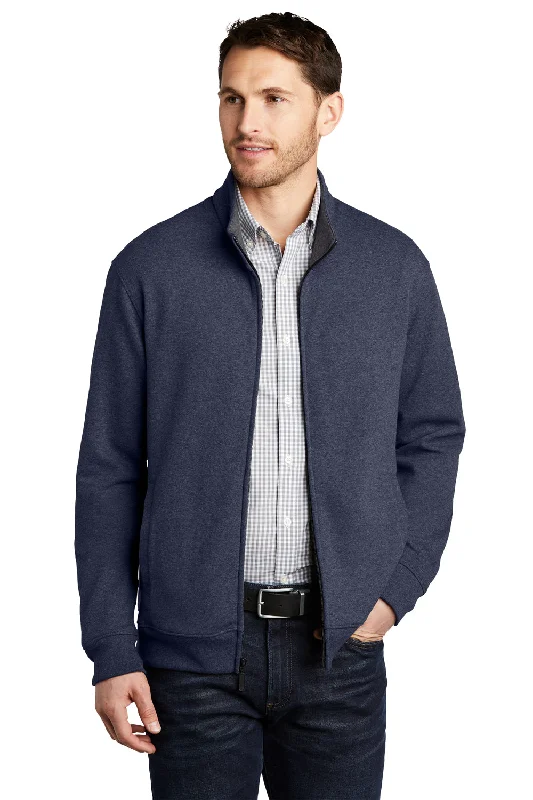 Cozy-texture  Port Authority Mens Interlock Full Zip Jacket - Heather Estate Blue/Heather Charcoal Grey