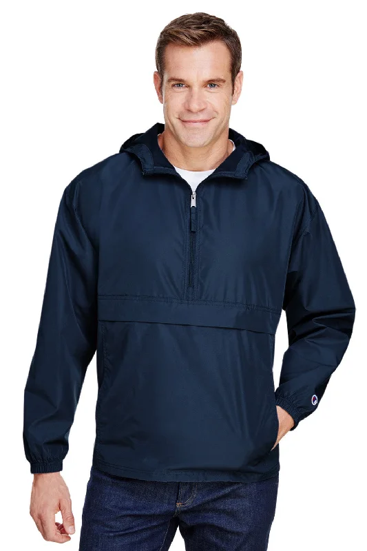 Utility-wear Champion Mens Packable Wind & Water Resistant Anorak 1/4 Zip Hooded Jacket - Navy Blue