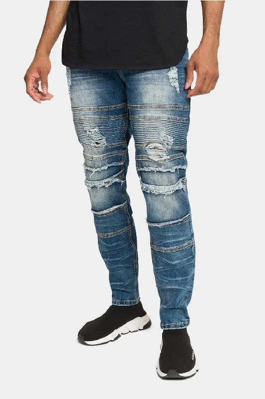 Vintage-inspired Distressed Stacked Biker Denim Jeans