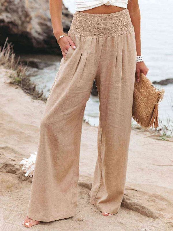 Straight-fit pants Full Size Smocked Waist Wide Leg Pants