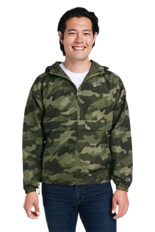 Customized-fit Champion Mens Packable Wind & Water Resistant Anorak 1/4 Zip Hooded Jacket - Olive Green Camo