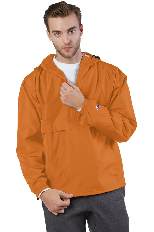 Retro-cool Champion Mens Packable Wind & Water Resistant Anorak 1/4 Zip Hooded Jacket - Orange