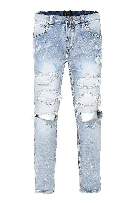 Elastic waistband Men's Paint Splatter Knee Blowout Distressed Denim Jeans