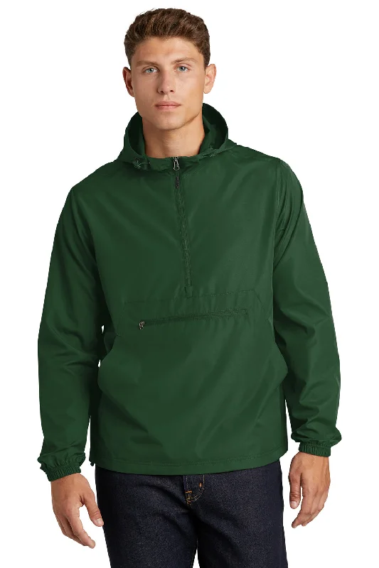 Versatile-wear  Sport-Tek Mens Wind & Water Resistant Packable Anorak 1/4 Zip Hooded Jacket - Forest Green