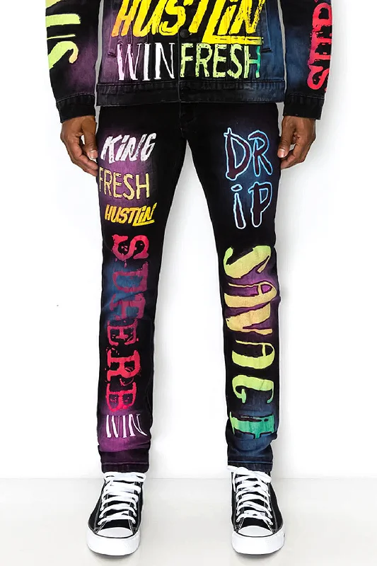 Fashionable pants Air Brushed Graffiti Denim Jeans