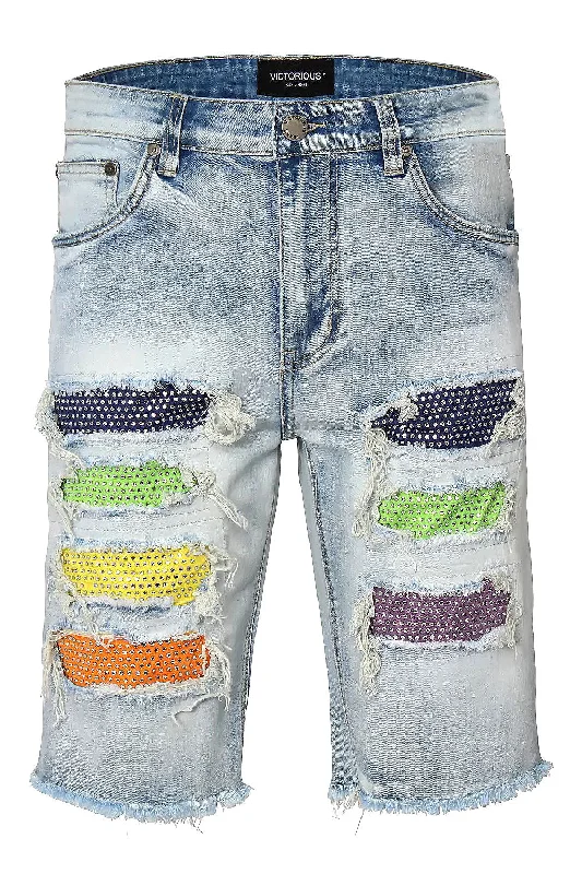 Cargo pants Multi Color Crystal Embellished Denim Shorts