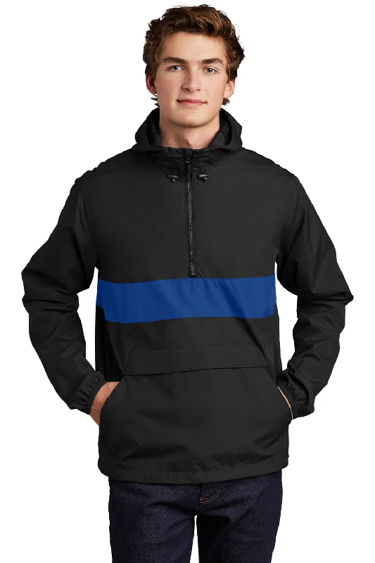 Recycled-materials Sport-Tek Mens Hooded 1/4 Zip Jacket - Black/True Royal Blue