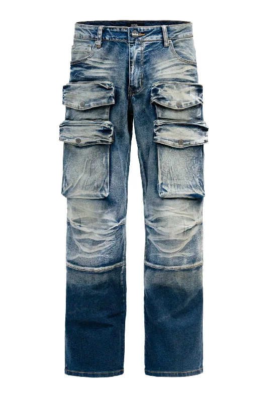 Fit-and-flare pants Men's 3D Pocket Cargo Baggy Denim Jeans