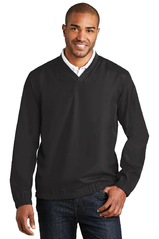 Military-inspired Port Authority Mens Zephyr Wind & Water Resistant V-Neck Wind Jacket - Black - Closeout