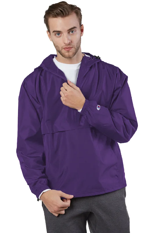 Customized-fit Champion Mens Packable Wind & Water Resistant Anorak 1/4 Zip Hooded Jacket - Ravens Purple