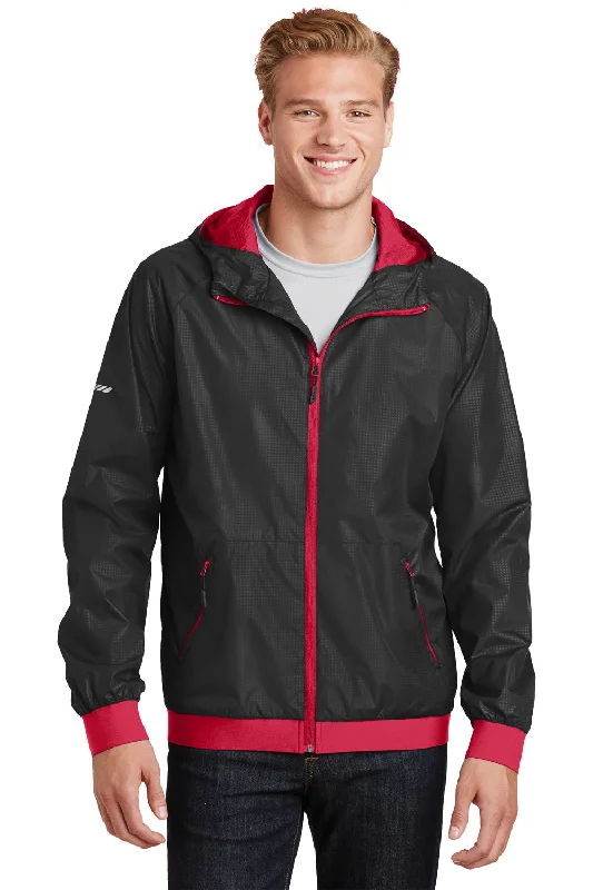 Dynamic-wear Sport-Tek Mens Wind & Water Resistant Full Zip Hooded Jacket - Black/True Red - Closeout