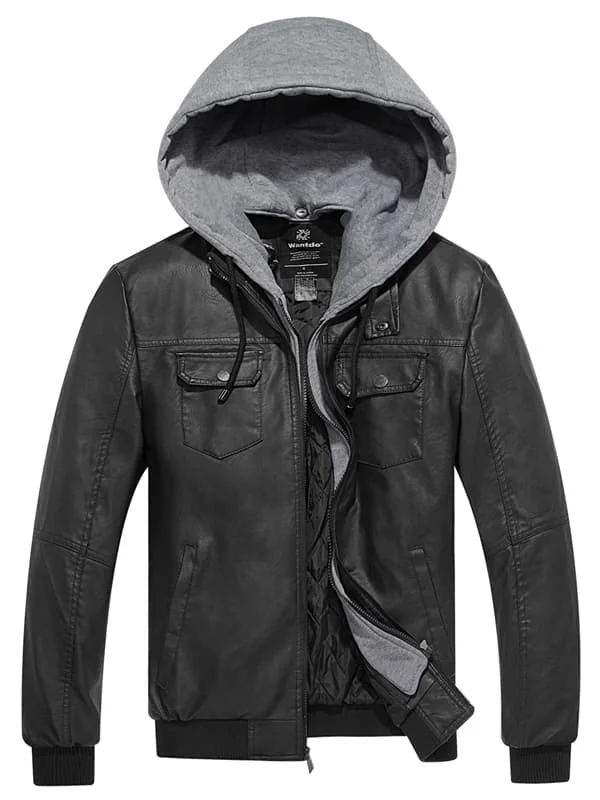 Utility-wear Men's Faux Leather Jacket Moto Jacket with Removable Hood