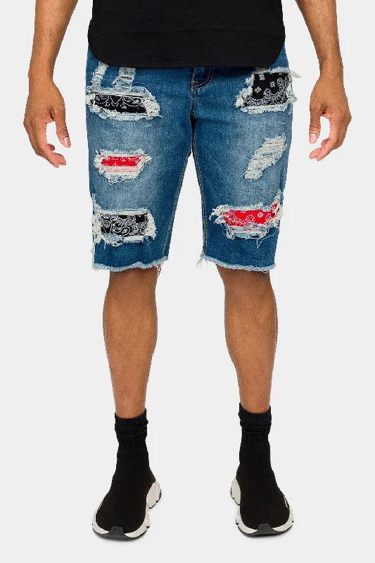 Elastic waistband Ripped Bandana Repair Denim Shorts