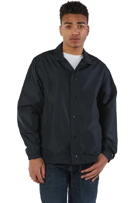 Lightweight-fit Champion Mens Wind & Water Resistant Snap Down Coach's Jacket - Black