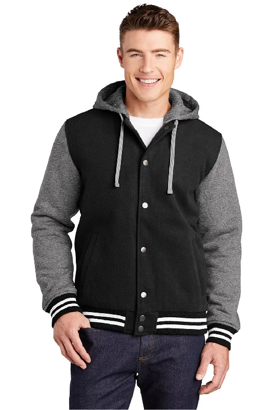 Utility-wear Sport-Tek Mens Snap Down Hooded Letterman Jacket - Black/Heather Vintage Grey/White