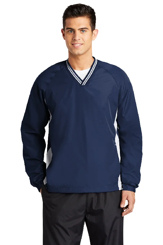 Comfortable Sport-Tek Mens Water Resistant V-Neck Jacket - True Navy Blue/White