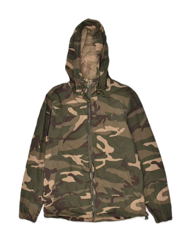 Off-duty PULL & BEAR Mens Hooded Bomber Jacket UK 40 Large Khaki Camouflage Cotton