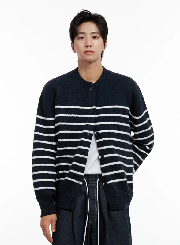 Versatile-wear  Men's Buttoned Round Neck Striped Cardigan IN401